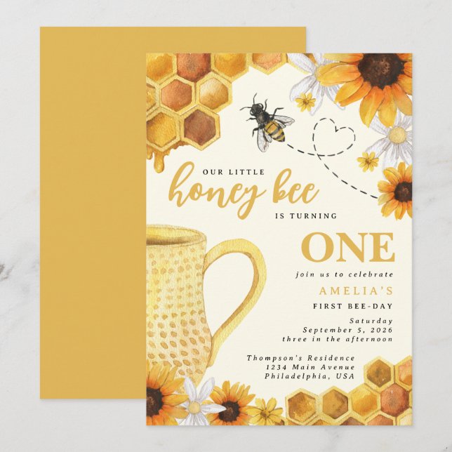 Invitation Little Honey Bee Aquarelle Tournesol 1er anniversa (Devant / Derrière)