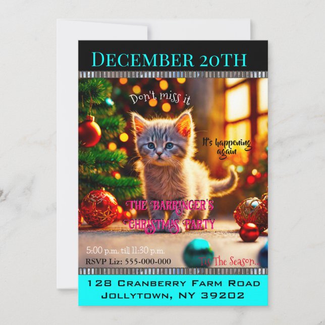 Invitation Little Kitty Fête de Noël annuelle de la famille m (Devant)
