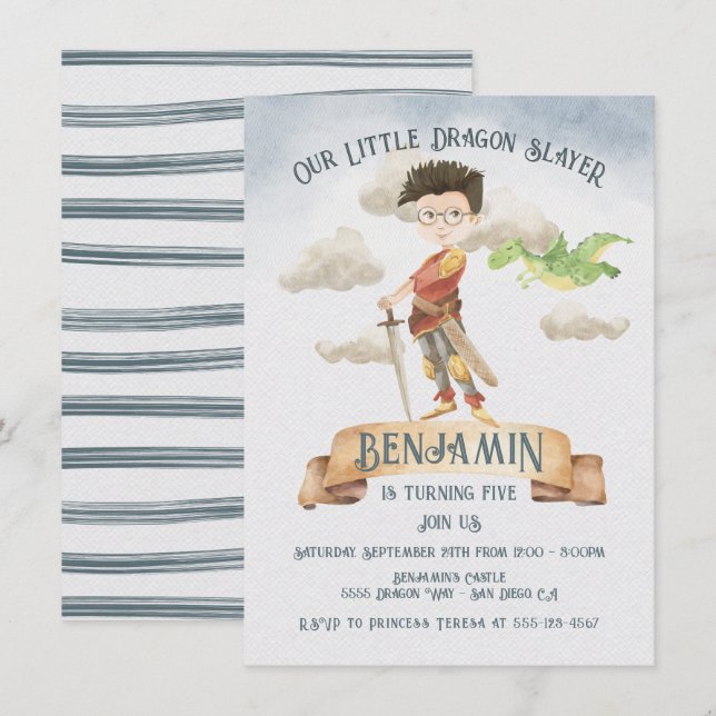 Invitation Little Knight Dragon Slayer Fairytale Anniversaire (Devant / Derrière)