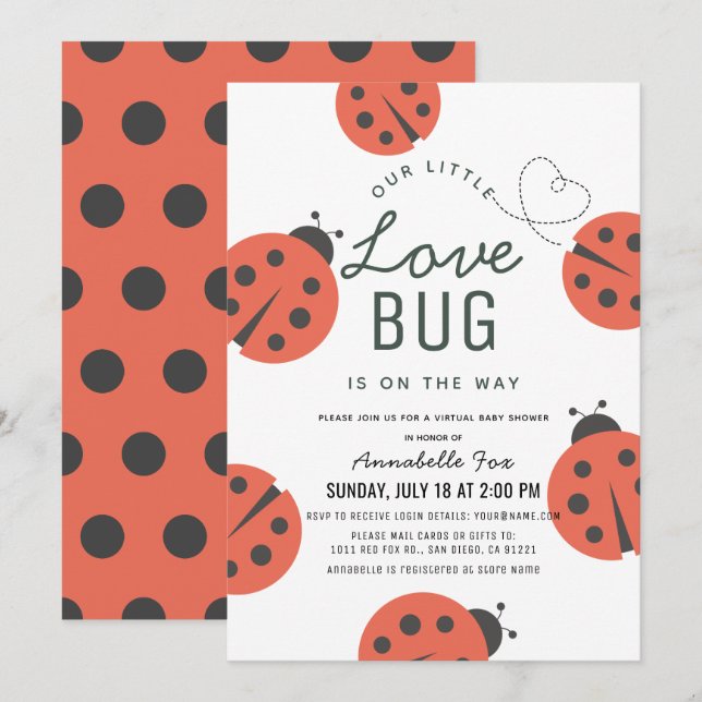 Invitation Little Log Baby shower virtuel Ladybug (Devant / Derrière)