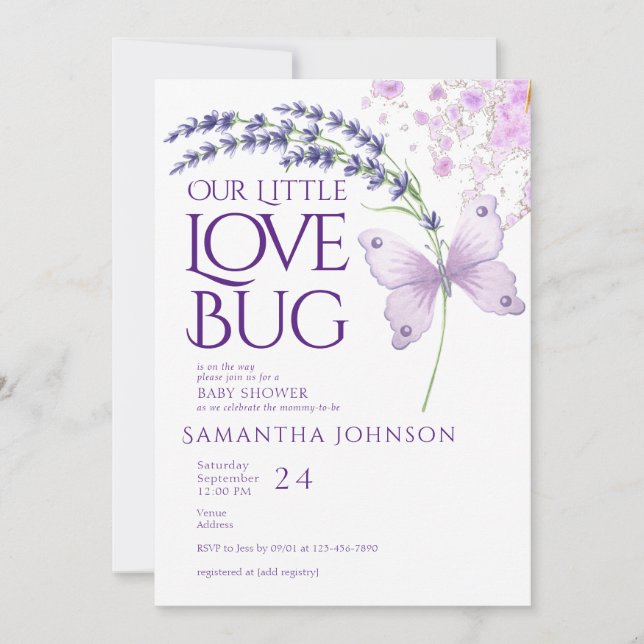 Invitation Little Log Bug Papillon Baby shower Lavender (Devant)