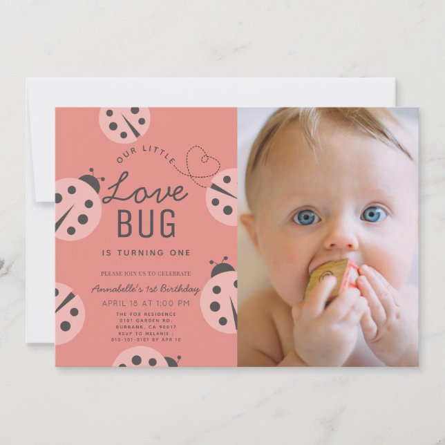 Invitation Little Log Bug Rose Ladybug 1er Anniversaire Photo (Devant)