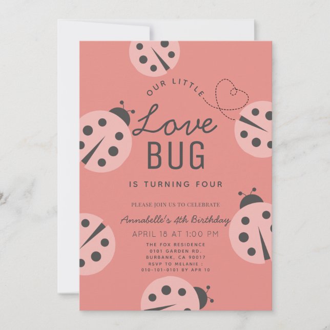 Invitation Little Log Bug Rose Ladybug Anniversaire (Devant)