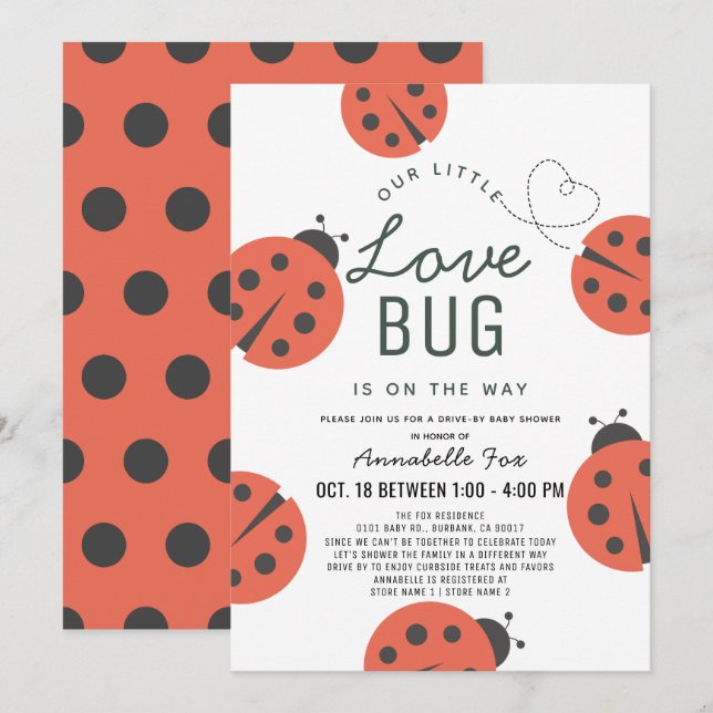Invitation Little Love Bug Ladybug Drive-by Baby shower (Devant / Derrière)