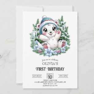 Invitation Little Lovely Polar Bear 1er Anniversaire numériqu