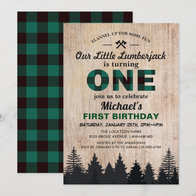 Invitation Little Lumberjack 1er Anniversaire fête Green Plai (Devant / Derrière)