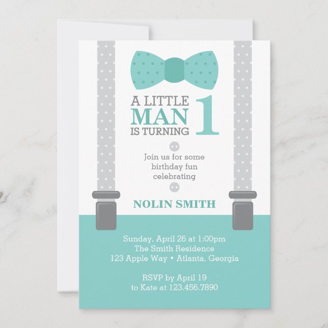 Invitation Little Man Anniversaire, Turquoise, Grey, (Devant)