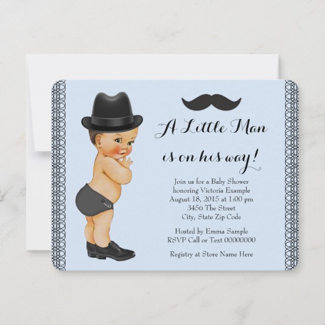 Invitation Little Man Baby shower de moustache noir et bleu (Devant)