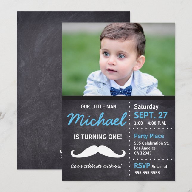 Invitation Little Man fête ses 1 ans | Anniversaire Mustache  (Devant / Derrière)