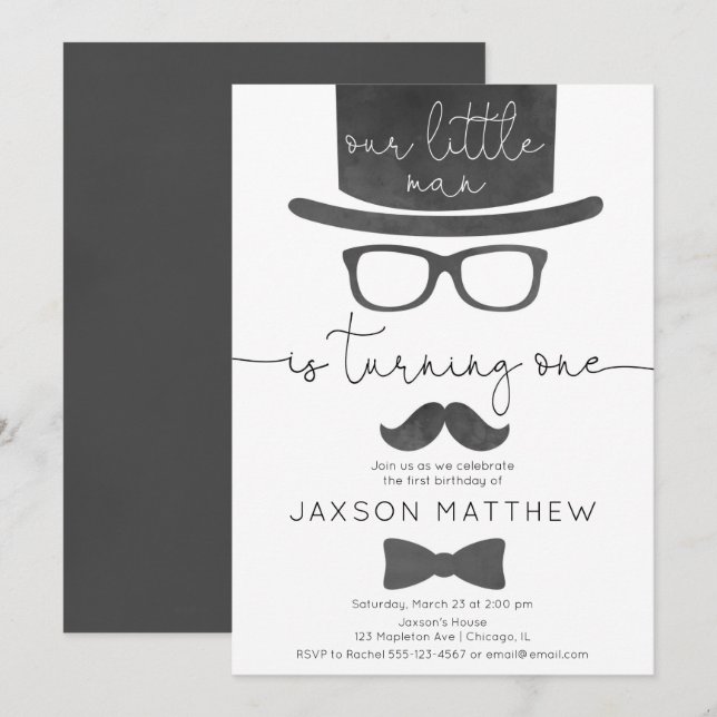 Invitation Little Man garçon 1ère fête d'anniversaire (Devant / Derrière)