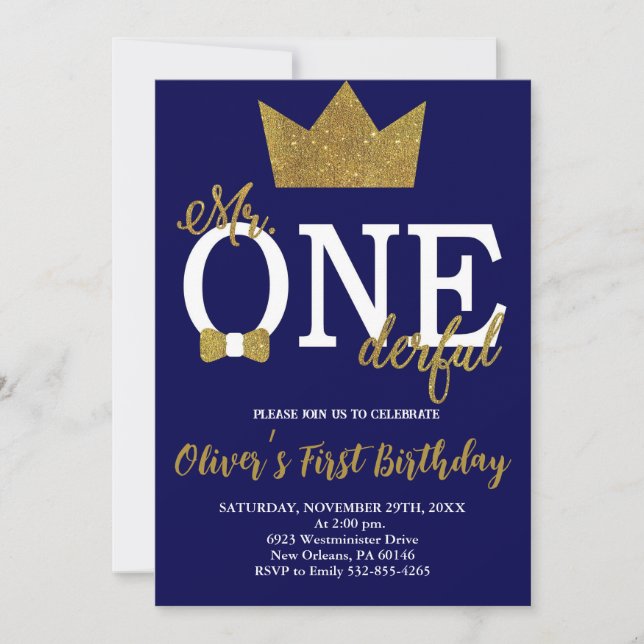 Invitation Little Man, Mr One-derful Birthday, Navy & Gold (Devant)