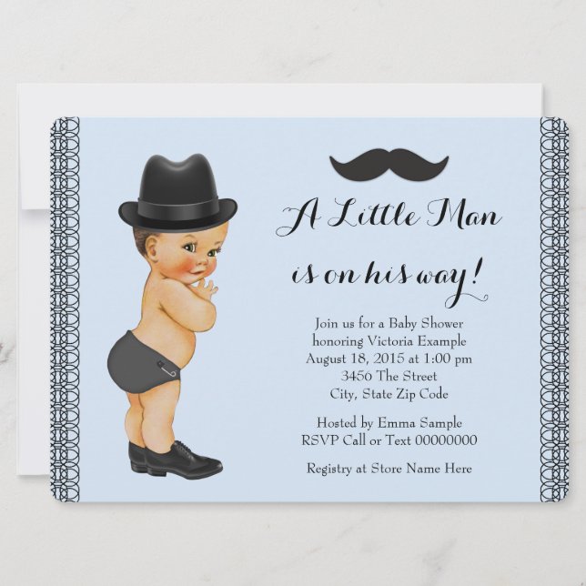 Invitation Little Man Mustache Baby shower bleu et noir (Devant)