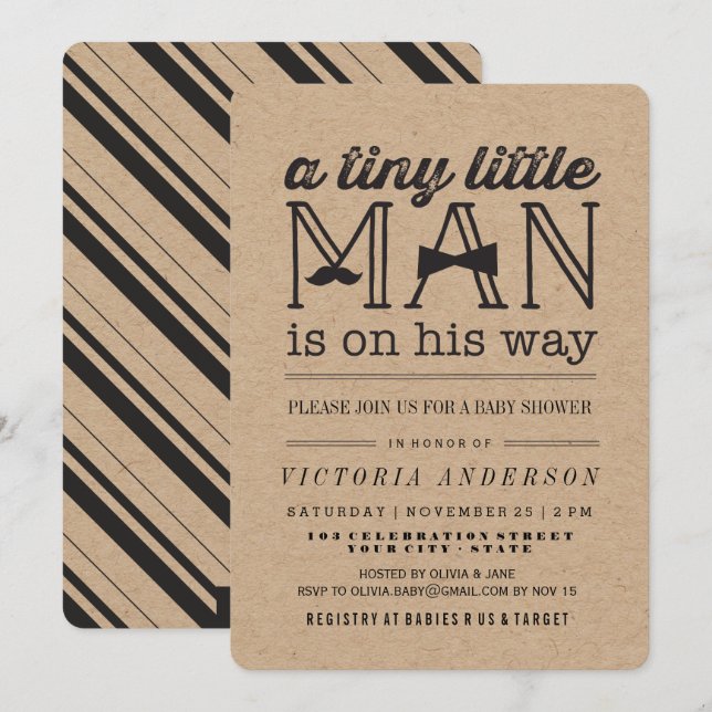Invitation Little Man Mustache Bow Cravate Kraft Boy Baby sho (Devant / Derrière)