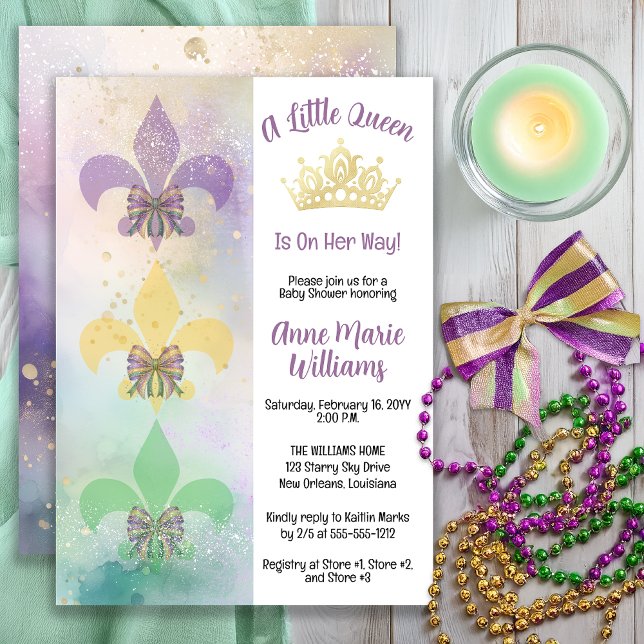 Invitation Little Mardi Gras Queen Fleur de Lis Baby Shower (Little Mardi Gras Queen Baby Shower Invitation with Crown & Fleur-de-Lis -- Print | Digital)