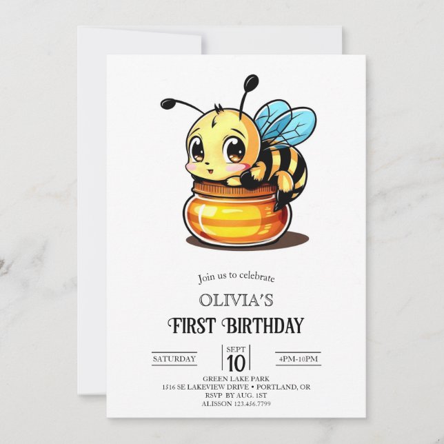 Invitation Little mignon abeille numérique 1er anniversaire (Devant)