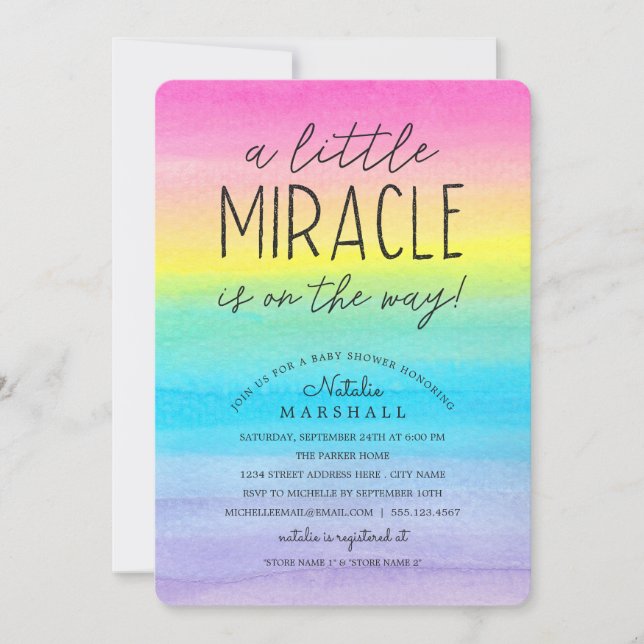 Invitation Little Miracle | Baby shower arc-en-ciel aquarelle (Devant)