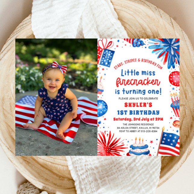 Invitation Little Miss Firecracker 4 juillet 1er anniversaire (Watercolor Little Miss Firecracker Fireworks Patriotic Girl 4th of July 1st Birthday Invitation)