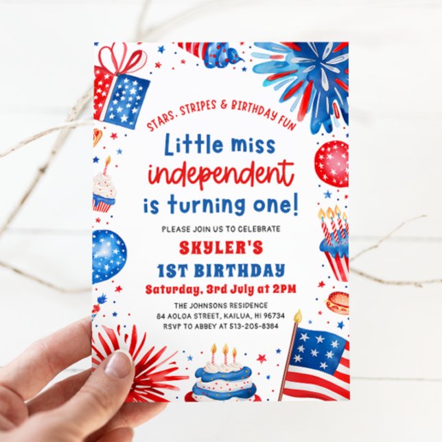 Invitation Little Miss Independent 4 juillet 1er anniversaire (Watercolor Fireworks Patriotic Little Miss Independent 4th of July Girl 1st Birthday Invitation)