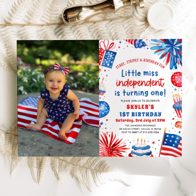 Invitation Little Miss Independent 4 juillet 1er anniversaire (Watercolor Fireworks Patriotic Little Miss Independent 4th of July Girl 1st Birthday Invitation)