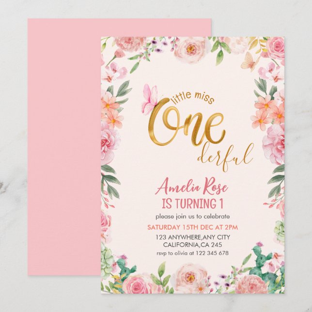 Invitation Little miss onderful Floral fille 1er anniversaire (Devant / Derrière)