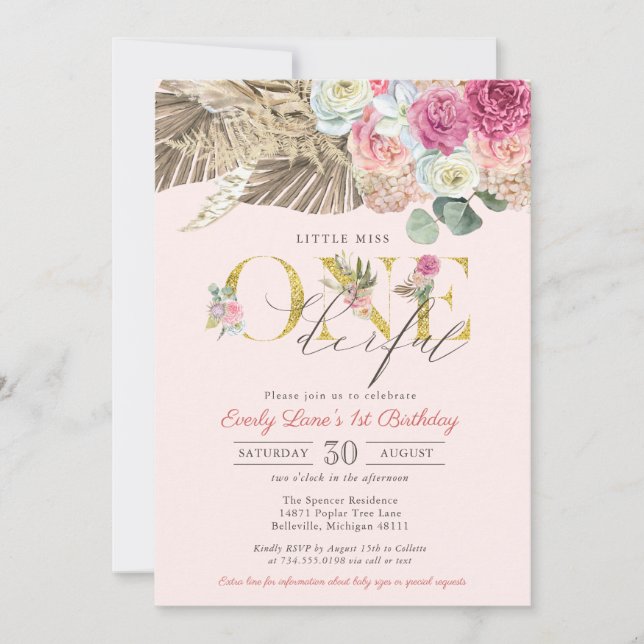 Invitation Little Miss ONE derful Boho Floral Premier anniver (Devant)