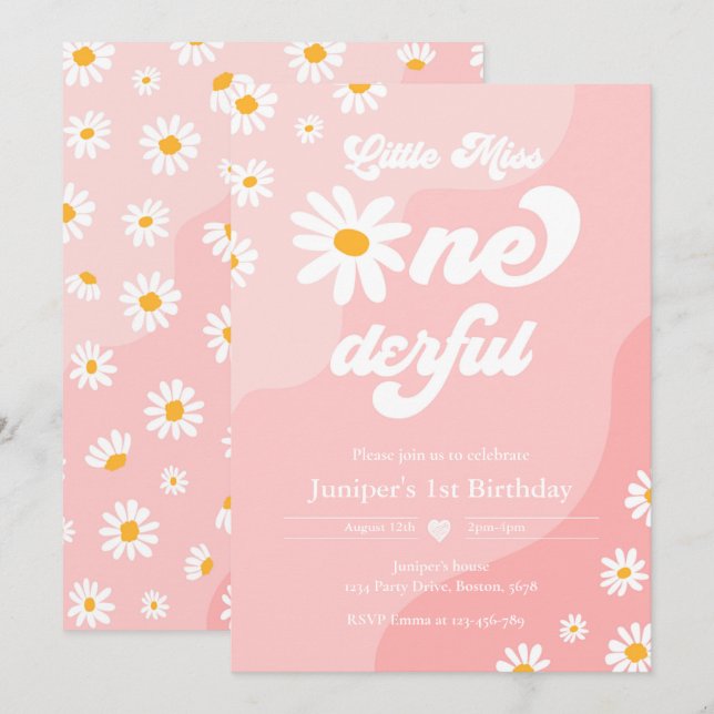 Invitation Little Miss ONEderful 1er anniversaire Boho Daisy (Devant / Derrière)