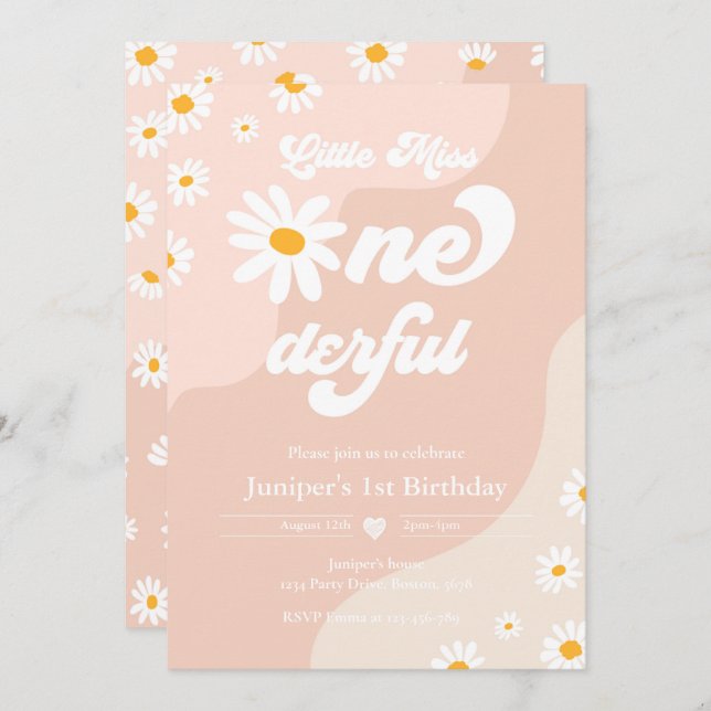Invitation Little Miss ONEderful 1er anniversaire Boho Daisy (Devant / Derrière)