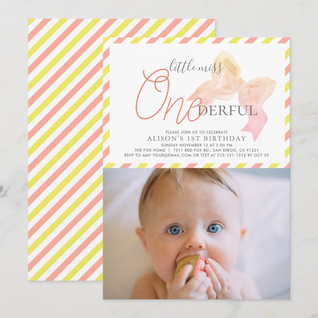 Invitation Little Miss ONEderful Girl Photo 1er anniversaire (Devant / Derrière)
