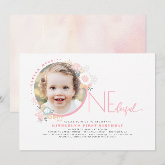 Invitation Little Miss ONEderful mignonne 1er anniversaire Ph (Devant / Derrière)