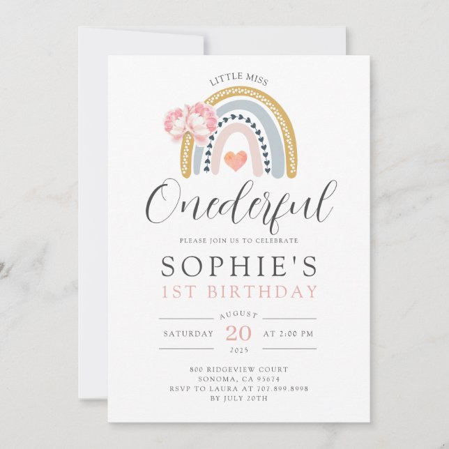Invitation Little Miss ONEderful Rainbow Girl's 1st Birthday (Devant)