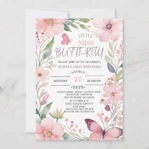 Invitation Little Miss papillon Rose Floral 1er anniversaire