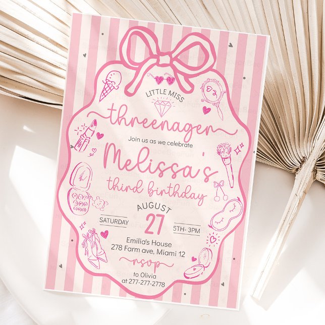 Invitation Little Miss Threenager Coquette Bow (Little Miss,Threenager, invitation, Pink Coquette,Hand Drawn invite, Bow invites,Fashion & Makeup,Gi)