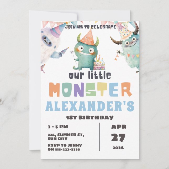 Invitation Little Monster 1er 2e 3e 4e 5e anniversaire (Devant)