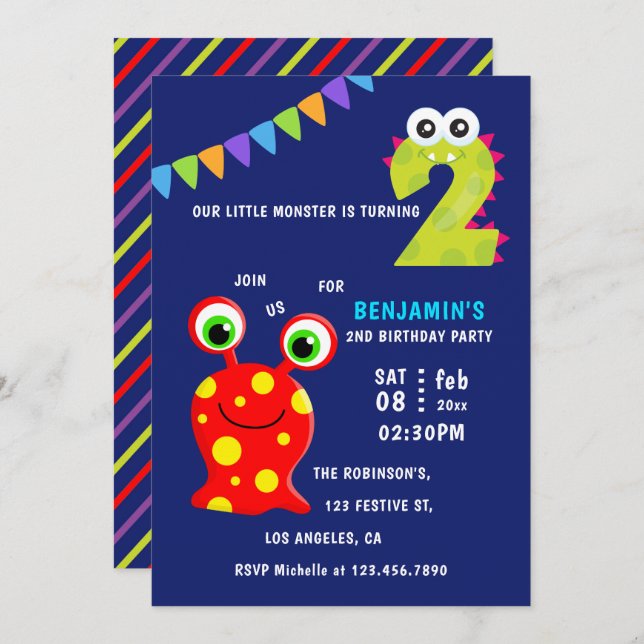 Invitation Little Monster Boy 2e fête d'anniversaire (Devant / Derrière)