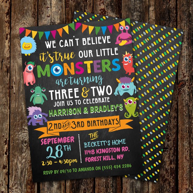Invitation Little Monster Chalkboard 2e et 3e anniversaire co (Créateur téléchargé)