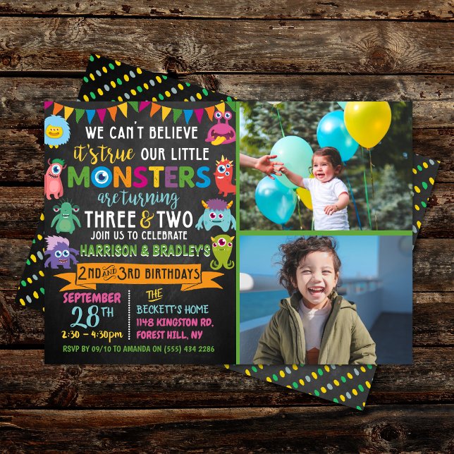 Invitation Little Monster Chalkboard 2e et 3e anniversaire co (Créateur téléchargé)