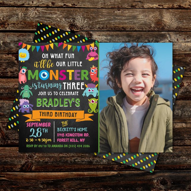 Invitation Little Monster Chalkboard 3ème anniversaire Photo (Créateur téléchargé)
