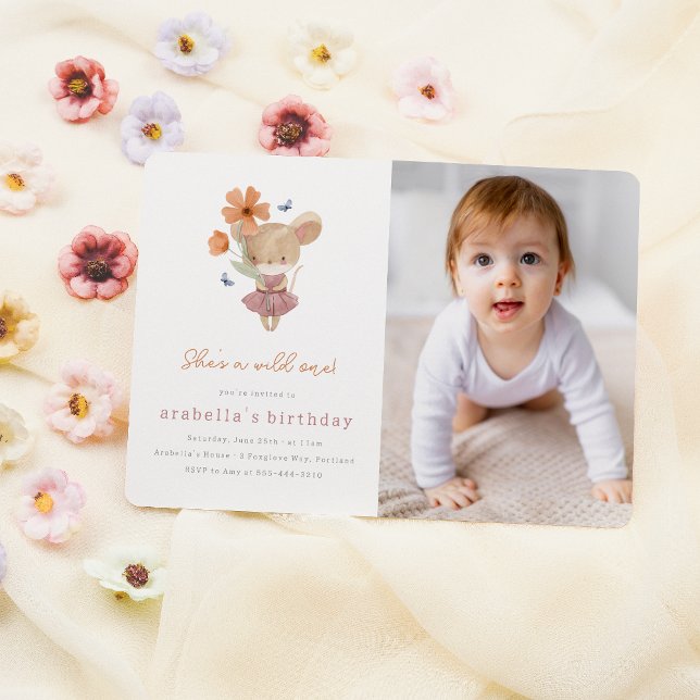 Invitation Little Mouse Wild One Flower Photo 1er anniversair (Card Mock-up)