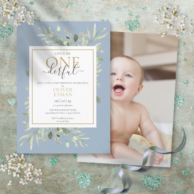 Invitation Little Mr ONEderful Boy Blue Photo Premier anniver (Little Mr ONEderful Boy Blue Photo First Birthday Invitation)