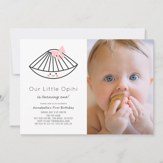 Invitation Little Opihi Pink Ribbon Girl Photo 1er anniversai (Devant)