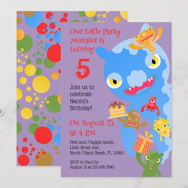 Invitation Little Party Monster and confetti Anniversaire Par (Devant / Derrière)
