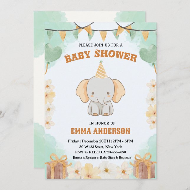 Invitation Little Peanut Dreams - Baby shower d'éléphants (Devant / Derrière)