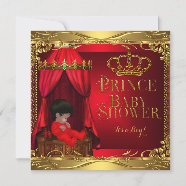 Invitation Little Prince Baby shower Boy Regal Red Crown 5 (Devant)
