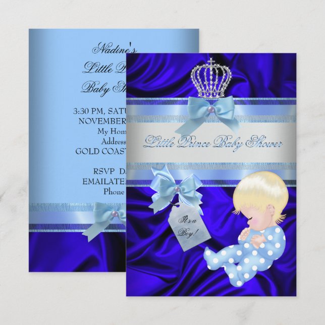 Invitation Little Prince Baby shower Boy Royal Blue Blonde (Devant / Derrière)