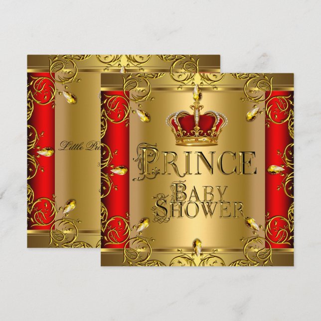 Invitation Little Prince Baby shower Garçon Regal Red Gold Cr (Devant / Derrière)