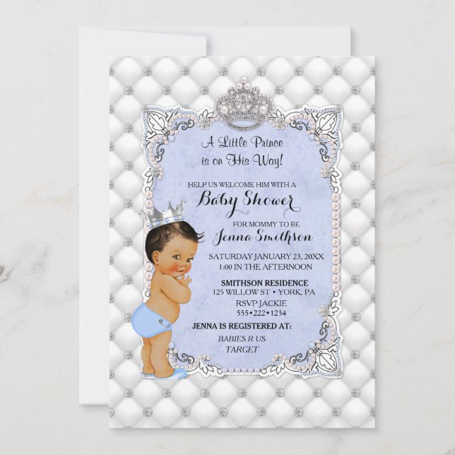 Invitation Little Prince Blue Pearls Diamonds Baby Boy (Devant)
