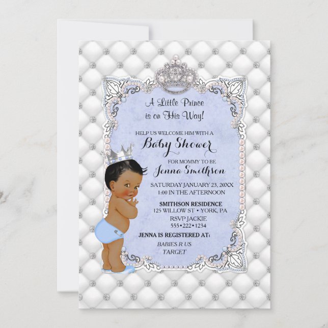 Invitation Little Prince Blue Pearls Diamonds Baby Boy (Devant)