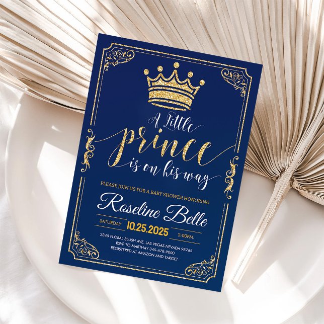 Invitation Little Prince Crown Navy et Gold Boy Baby shower (Créateur téléchargé)