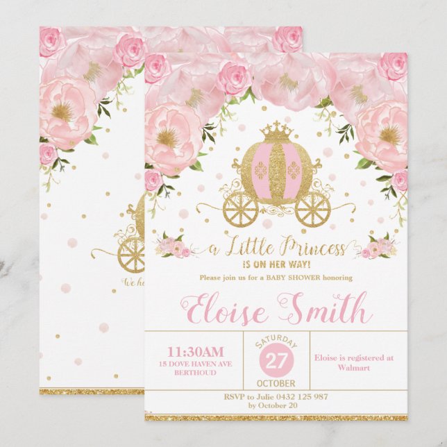 Invitation Little Princess Baby shower Carriage rose Floral (Devant / Derrière)