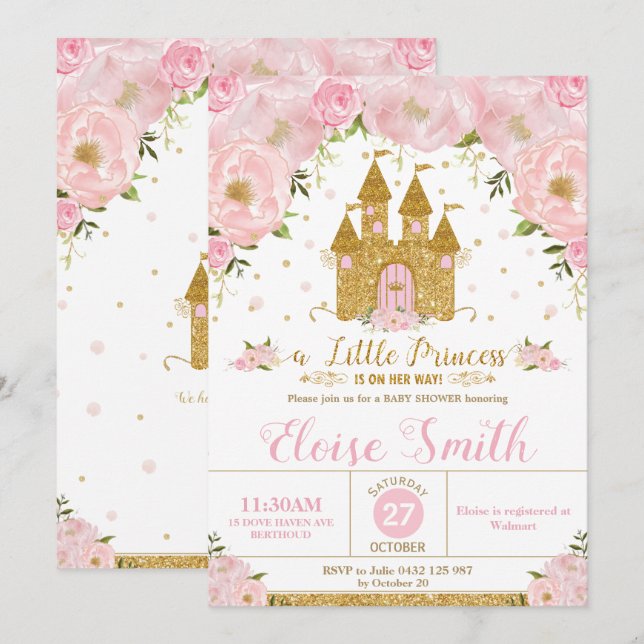 Invitation Little Princess Baby shower Castle Rose Floral (Devant / Derrière)